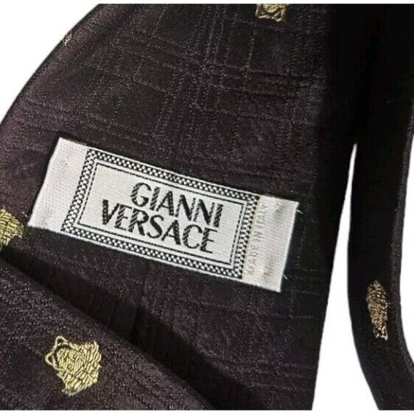 GIANNI VERSACE Men's Silk Tie LUXURY Burgundy Geometric Monogram Logo W:3.8" EUC - Picture 2 of 5